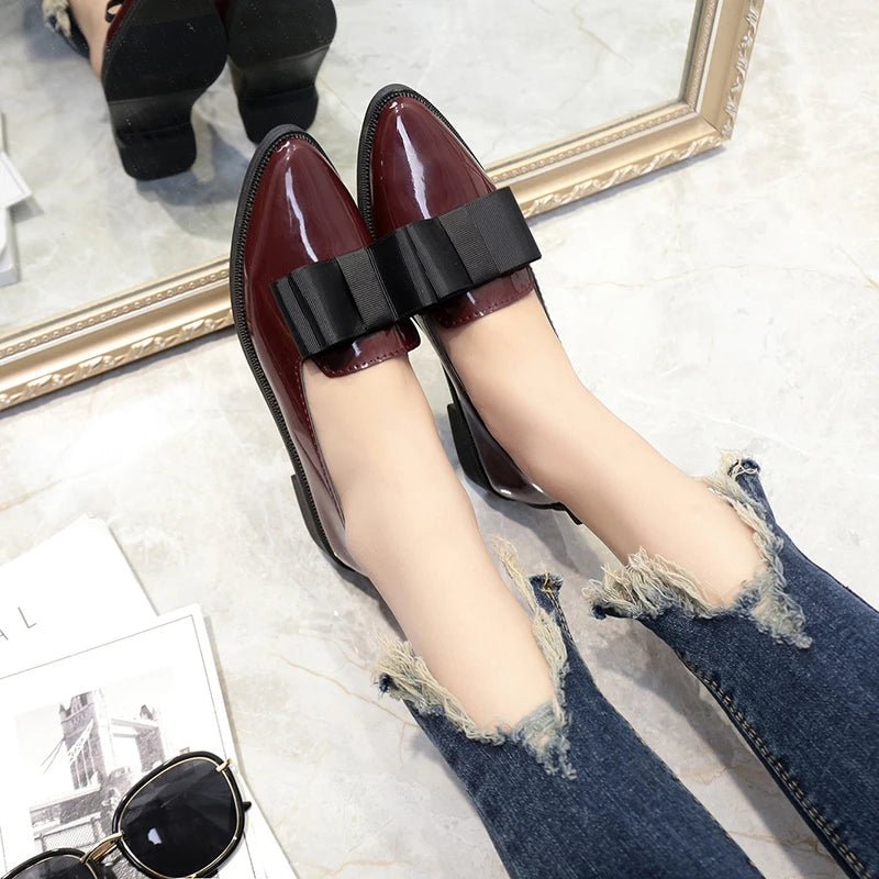 Spring Autumn Women's Patent Leather Boot Loafers Low Heel Slip-On Footwear with Female Pointed Toe and Thick Heel