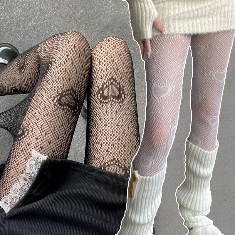 Heart Flower Mesh Japanese Girl Lolita Ins Tights Stockings White Fishnet Pantyhose Female for Women Summer Legging Stocking