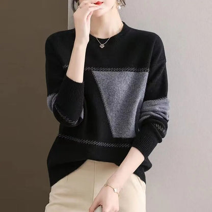 Korean Fashion O-Collar Neck Pullover Autumn Winter Knitting Sweater with Color Blocking, Plush & Thickened for an All-Match Bottoming Shirt Look