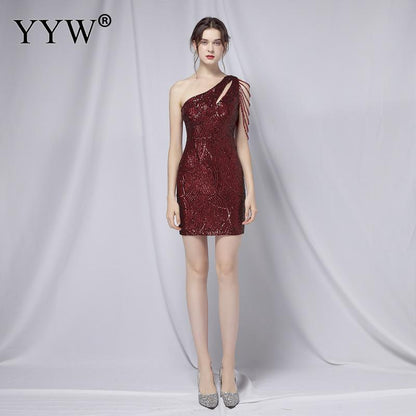 Sequined Slim Mini Prom Dress Crystal Beading Pencil Vestidos Dress Women One Shoulder Elegant Evening Party Dresses New