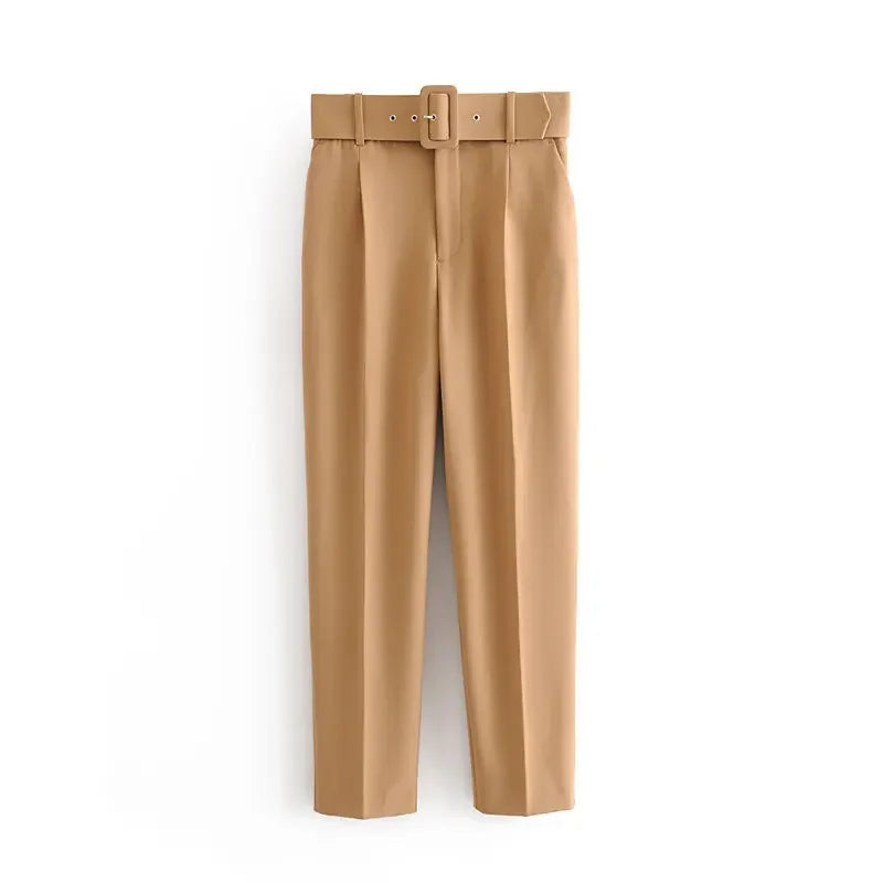 2005 New Spring Fall Solid Color High-waisted Straight Career Commuter  Pants Women's, Multi-color Casual Female Pants with Belt