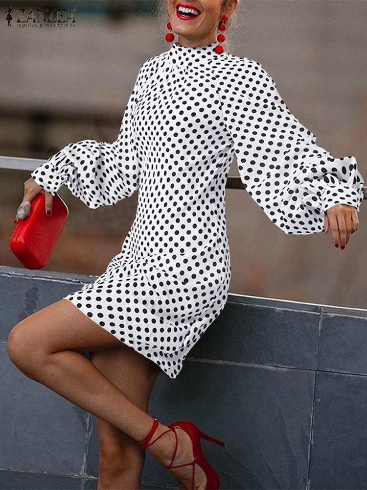 Bohemian Summer Dress Women's Puff Sleeve Polka Dot Knee-Length Sundress