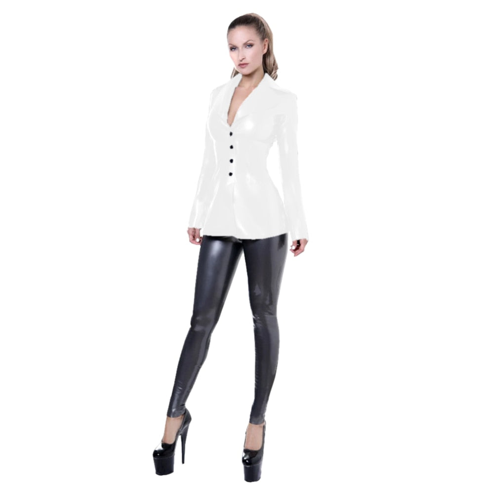  Fashion Buttons Shiny PVC Suit Jacket for Women  Sexy Faux Leather Coat Dress