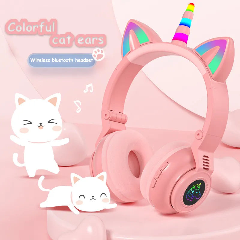 RGB Unicorn Kids Wireless Headphones With Mic,Control RGB Light Girls Music Stereo Earphone Mobile Phone Children's Headset Gift