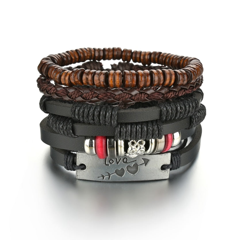 4Pcs Set Braided Wrap Leather Bracelet for Men Vintage Life Tree