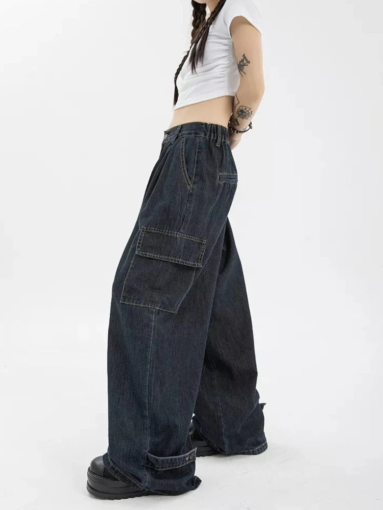 Autumn Women Harajuku Cargo Baggy Blue Jeans Streetwear Hip Hop Oversize Casual Wide Leg Vintage Demin Pants Y2k Loose Trousers