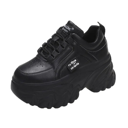 Chunky Sneakers Women's Spring & Autumn Fashion with Thick Bottom, White & Black PU Leather Platform Dad Shoes for Ladies