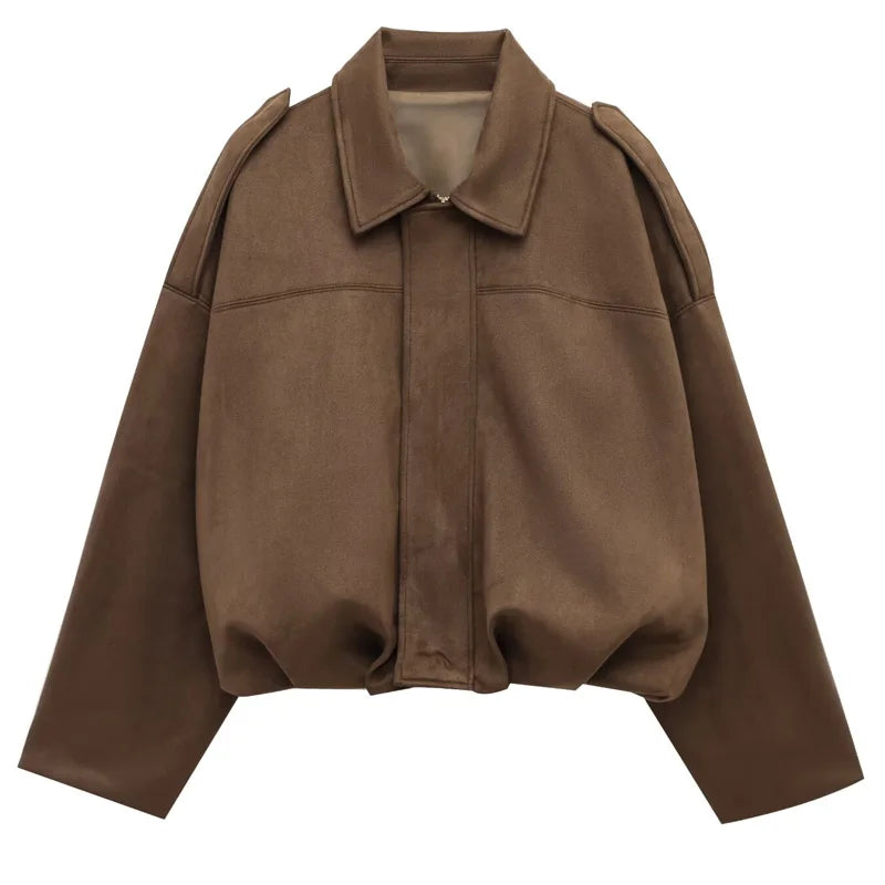Women's Bomber Jacket Lapel Long Sleeve Zipper Suede Jacket Women 2025 High Street Cropped Racing Jackets Coats Outerwears