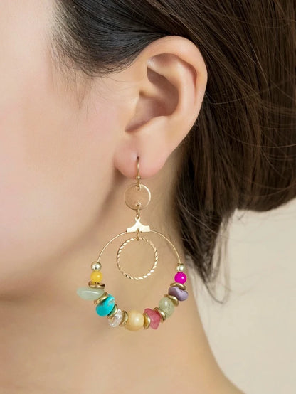 Beaded Round Drop Earrings for Women Crystal Mixed Round Circle Earrings Hollow Cutout Dangle Earrings