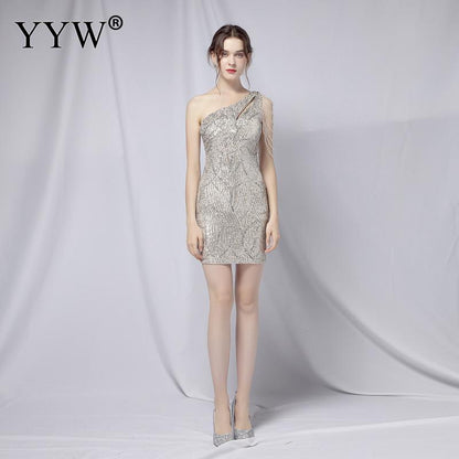 Sequined Slim Mini Prom Dress Crystal Beading Pencil Vestidos Dress Women One Shoulder Elegant Evening Party Dresses New