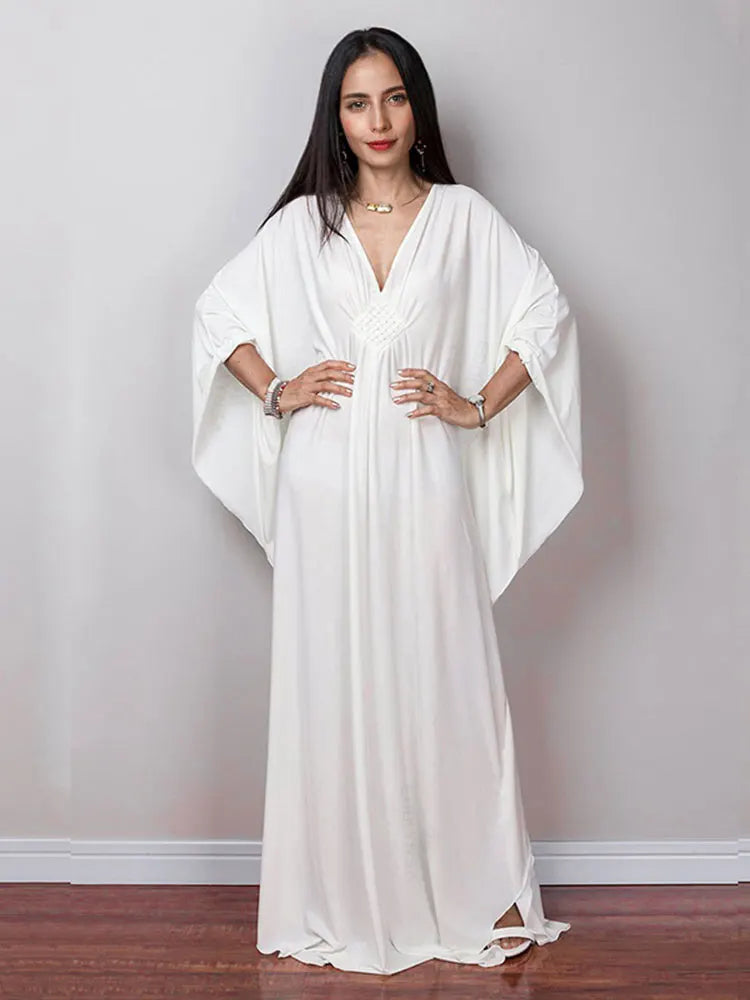 Solid V-neck Batwing Sleeve Plus Size Kaftan Loose Maxi Dopamine Dresses Women Summer Beachwear Bathing Robe Soft House Dress