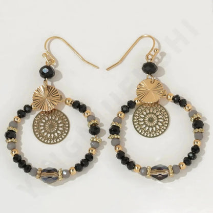 Beaded Round Drop Earrings for Women Crystal Mixed Round Circle Earrings Hollow Cutout Dangle Earrings