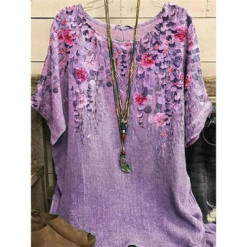 2024 Round Collar Flower Print Tops - Spring/Summer Edition, Loose Fit, Short Sleeves, Oversized Tee Shirt