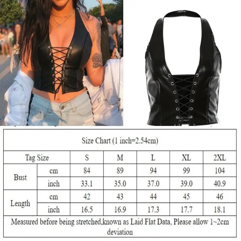 Crop Top Women Sexy Patent Bandage Vest Leather Strappy Corset Top Black Fashion Gothic Tank Top Party Club Female Clothing