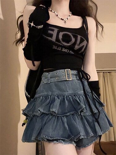 Hot Girl KawaiiY2K Summer Gothic Mini Skirt, New Pleated Casual High Waist Slim Denim Skirt, Hot Streetwear Women's Short Skirt