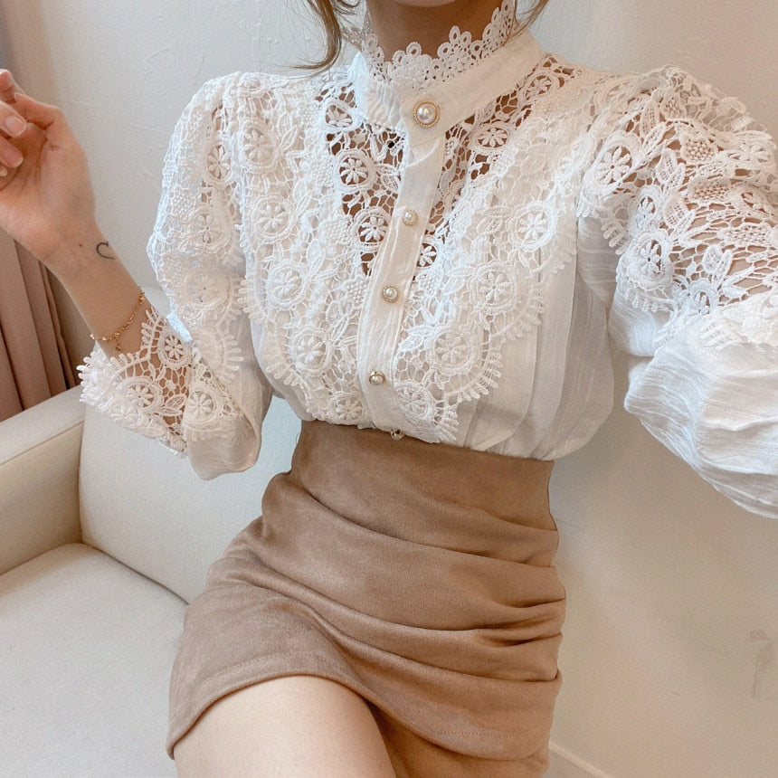 Lace Patchwork Hollow Out Shirt Blouse Long Sleeve O-Neck Mesh Tops 2023