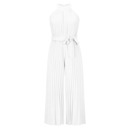 Solid Color Pleated Ruched Party Jumpsuit Women Elegant Halter Summer Autumn Sleeveless Office Playsuit  Wide Leg Pants Rompers