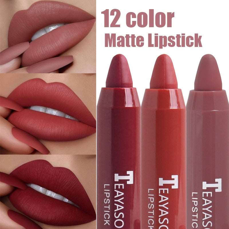 12 Colors Sexy Matte Lipstick Waterproof Long Lasting Color Rendering Non-stick Velvet Lips Liner Pencil Woman Makeup Cosmetics