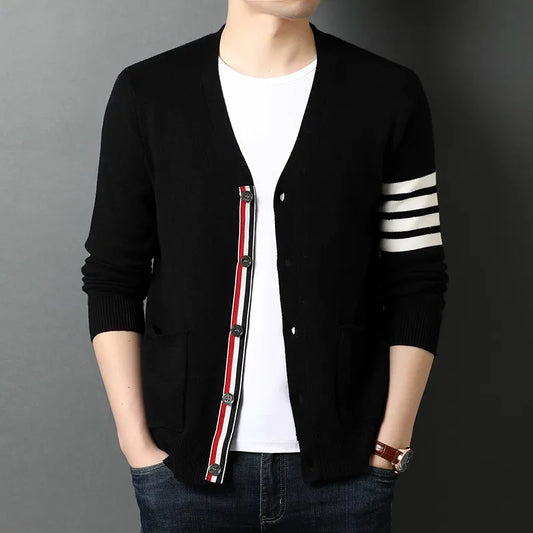 Popular 2024 Season Men's Three-Color Striped Cardigan Coat - Trendy Wool Knitwear Sweater Cardigan