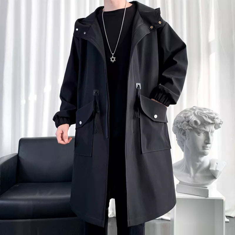 Streetwear Spring Autumn Hooded Trench Coats Men Fashion Windbreaker Long Men's Jacket