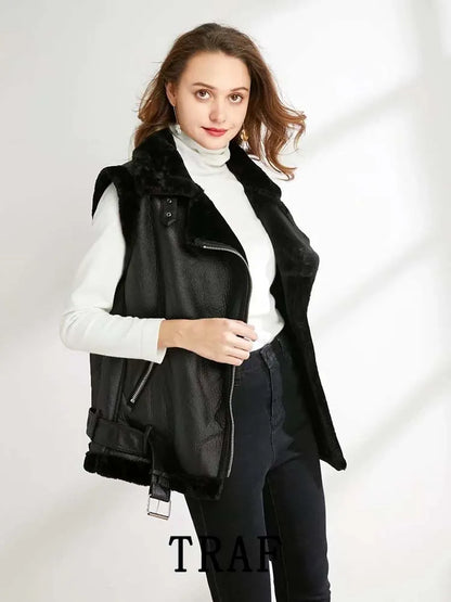 TRAF 2023 Woman Winter Vest Coat, Cotton Imitation Leather Vests, Sleeveless Jacket, Windproof Casual Warm Trench Coats, Winter Fashion, Women's Outerwear