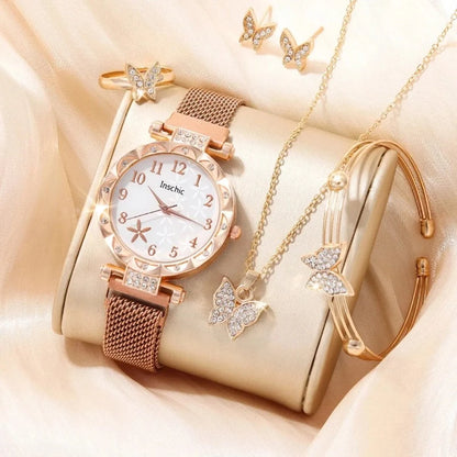 6 PCS New Women's Fashion Digital Rhinestone Star Quartz Watch Luxury Atmosphere Butterfly Jewelry Bracelet Birthday Gift Set