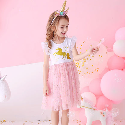 Girls Clothes for Summer Princess Dresses Kids Flare Sleeve Unicorn Print Dress Girls Party Dresses