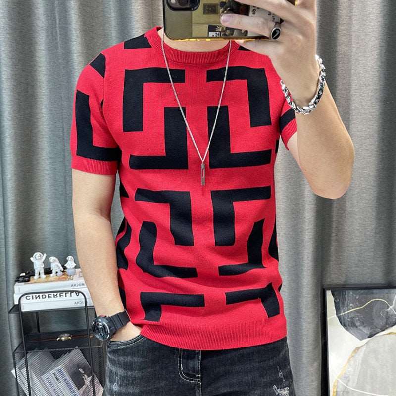 3 Color Short Sleeve Knitting T-Shirt Men Slim Streetwear Color Contrast T Shirt Men