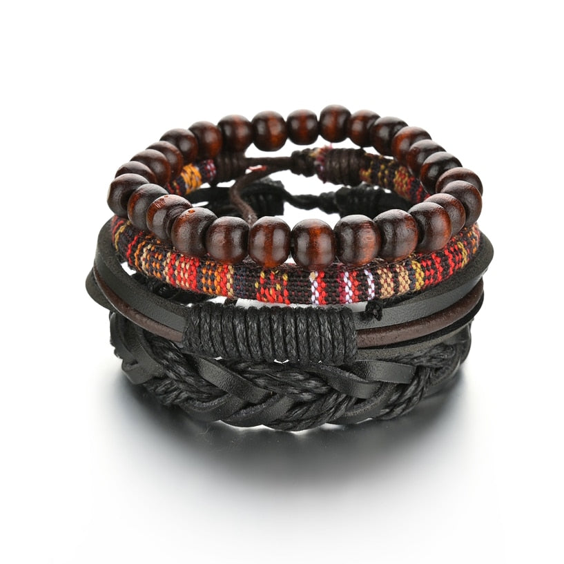 3/4Pcs/ Set Braided Wrap Leather Bracelet for Men Vintage Life Tree