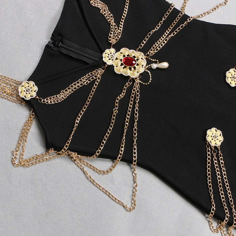 Beading Bandages Dress New Women Sexy Chain Spaghetti Strap Clothes Club Party Long Dresses