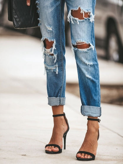 New Women Fashion Mid Waist Boyfriend Big Ripped Hole Jeans Casual High Street Denim Pants Sexy Vintage Pencil Calca Jeans