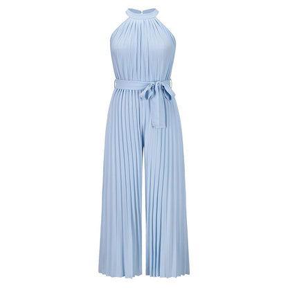 Solid Color Pleated Ruched Party Jumpsuit Women Elegant Halter Summer Autumn Sleeveless Office Playsuit  Wide Leg Pants Rompers