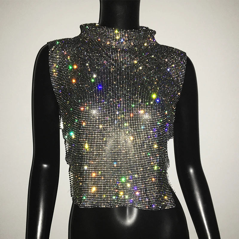 Sexy Rhinestone Glitter Turtleneck T-Shirt Women Backless Party Crop Top Adjustable Metal Chain Diamond Tank Top Summer Nightclub 2025
