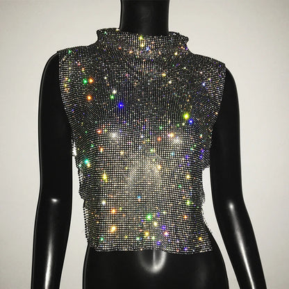 Sexy Rhinestone Glitter Turtleneck T-Shirt Women Backless Party Crop Top Adjustable Metal Chain Diamond Tank Top Summer Nightclub 2025