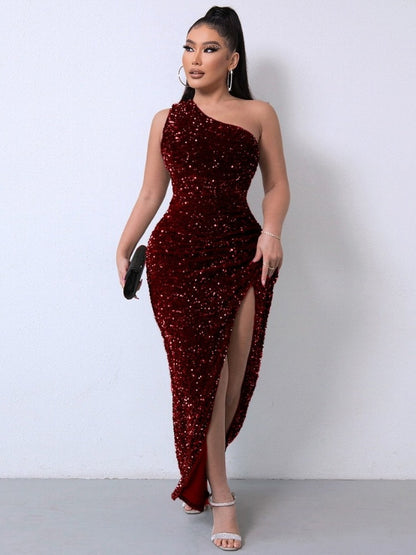 One Shoulder Wrap Split Thigh Sequin Formal Dress Important Occasion Dress