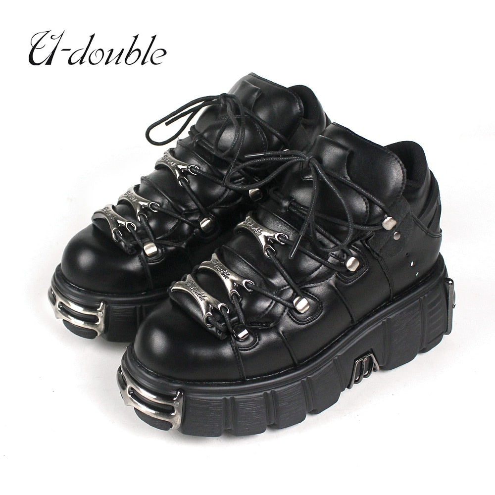 Harajuku Punk Style Women's Lace-up Heel Height 6CM Platform Shoes and Gothic Ankle Boots with Metal Decor Genuine Leather Shoes