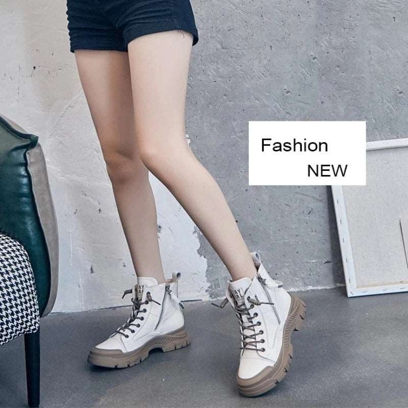 Authentic Leather Boots for Women 2024 Sports Ankle Boots Female Luxury Designer Shoes Woman Flats Platform Heels Rubber Sole