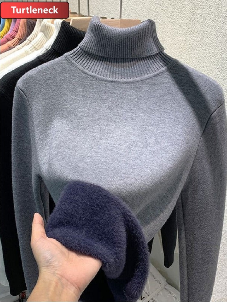 New Elegant Thicken Velvet Lined Turtleneck Winter Sweater for Women - Warm Sueter Knitted Pullover, Slim Tops, and Jersey Knitwear Jumper.