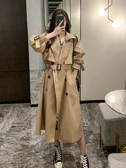 Winter Women's Clothes Solid Lapels, Double-Row Buttons, Long Windbreaker Work Jacket Trench Coat