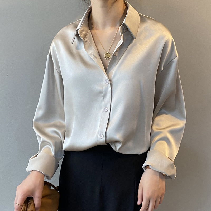 Autumn Fashion Button Up Satin Silk Shirt