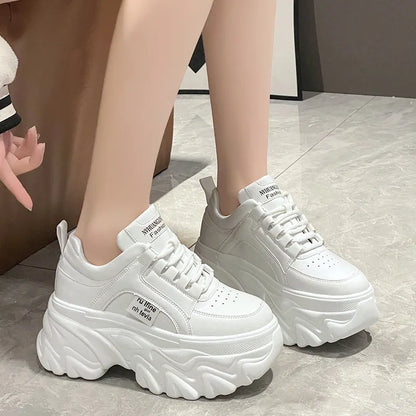 Chunky Sneakers Women's Spring & Autumn Fashion with Thick Bottom, White & Black PU Leather Platform Dad Shoes for Ladies