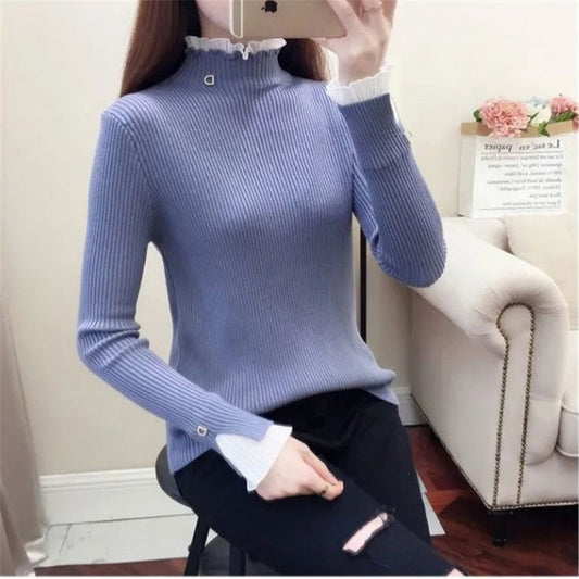 Elegant Korean Patchwork Warm Sweater for Women - Long Sleeve Slim Turtleneck Knitted Pink Tops, Chic Ruffle Pullover with Fake 2 Pieces