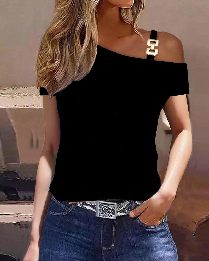 Metal Buckle Oblique Collar Casual Short-Sleeved Printed T-Shirt Top Clothes