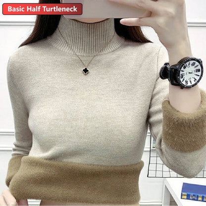 New Elegant Thicken Velvet Lined Turtleneck Winter Sweater for Women - Warm Sueter Knitted Pullover, Slim Tops, and Jersey Knitwear Jumper.