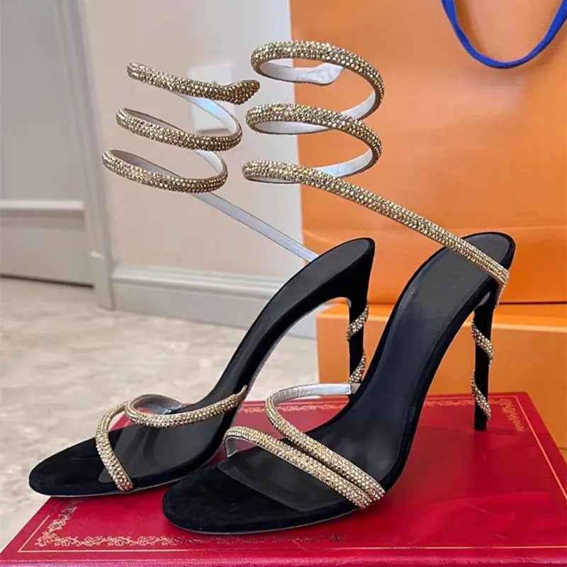 Lace up High Heel Sandal Star style Luxury Crystal Snake Coiled Women Sandals Sexy Stiletto High heels Gladiator Sandals Summer Fashion Party Prom Shoes