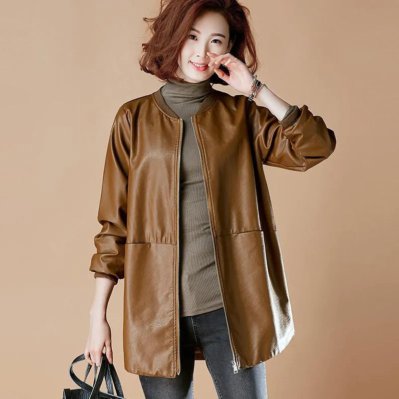 Spring and Autumn Women's Mid-Length PU Leather Jacket Trench Coat