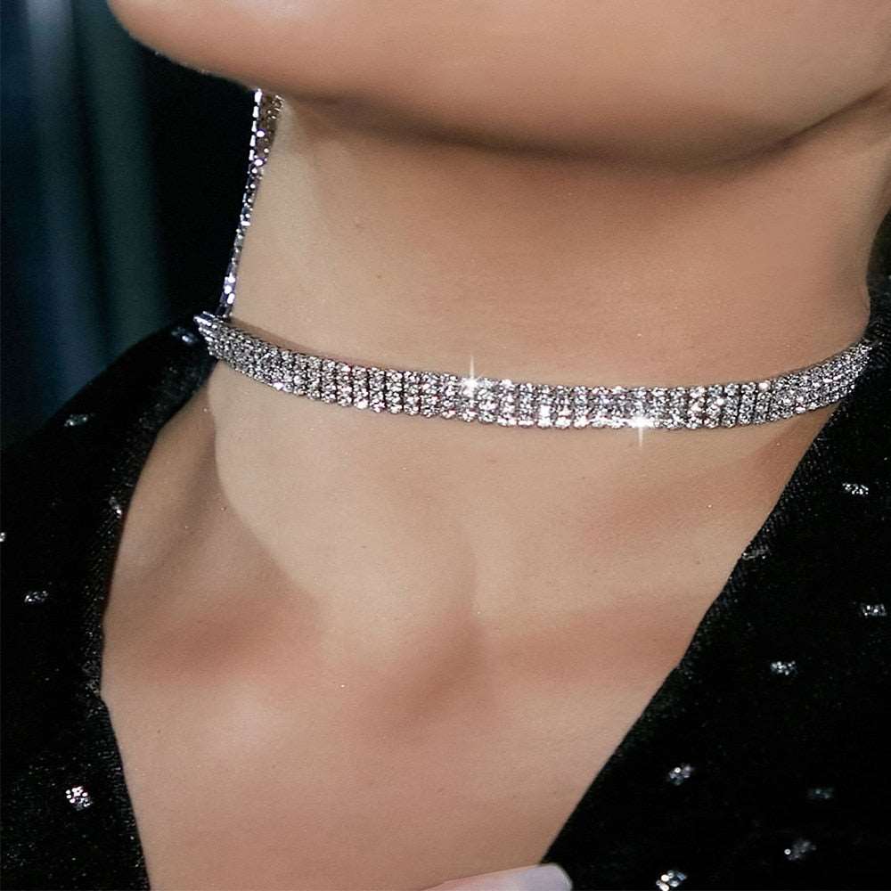 Bundle Neck Full Rhinestone Choker Luxury Crystal Gem Necklace Glitter Collar Fashion Long Chain Jewelry Salon For Party