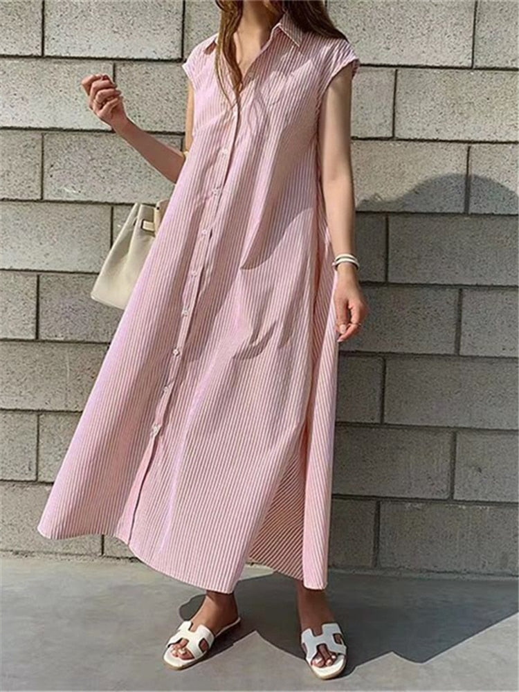 Summer 2023 Women Striped Raglan Sleeve Shirt Dress Embrace Korean Fashion with Elegant Long Dresses