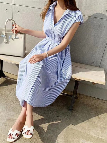 Summer 2023 Women Striped Raglan Sleeve Shirt Dress Embrace Korean Fashion with Elegant Long Dresses