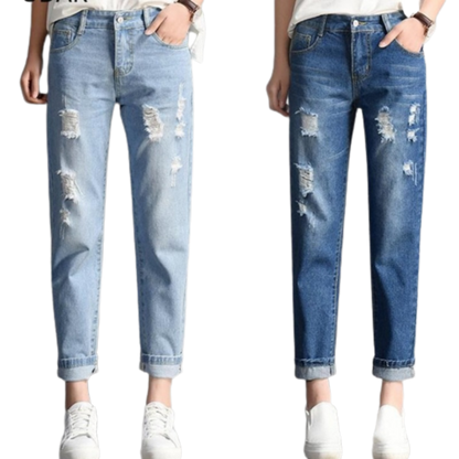 Trendy and Sexy  Women Fashion Mid Waist Boyfriend Big Ripped Hole Jeans - Casual High Street Denim Pants for Vintage Style